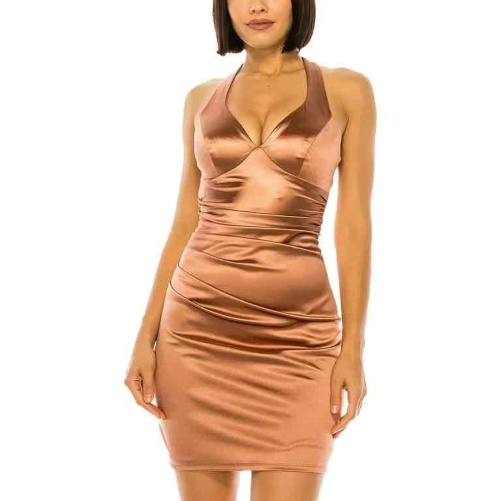 NWT B Darlin Womens Toast Halter Neck Satin Mini Bodycon Dress Size XS